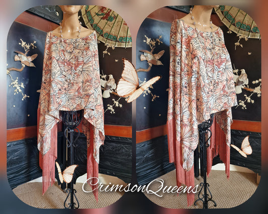 Vintage dusty pink Art Deco bohemian gypsy magnificient fringed kimono blouse 1920's fapper size UK 12 14 US 8 10