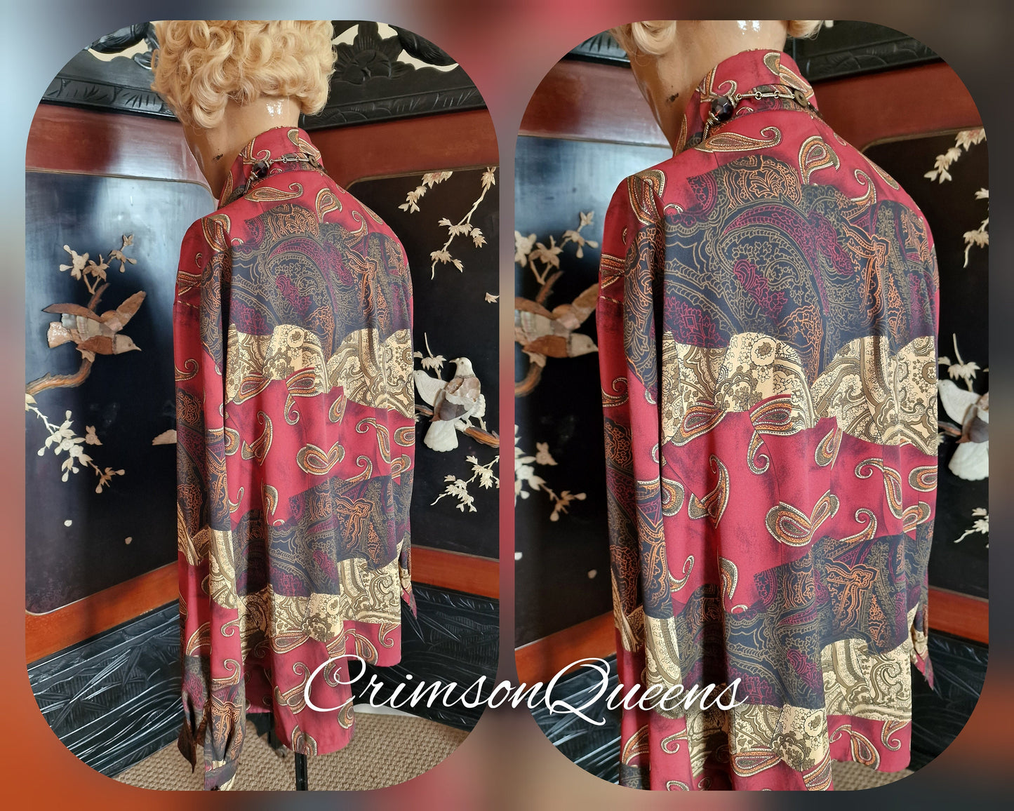 Vintage floral  Art Deco Downton Abbey oriental silk paisley  blouse Mrs Fisher 1920's flapper size UK 8 10 US 4 6