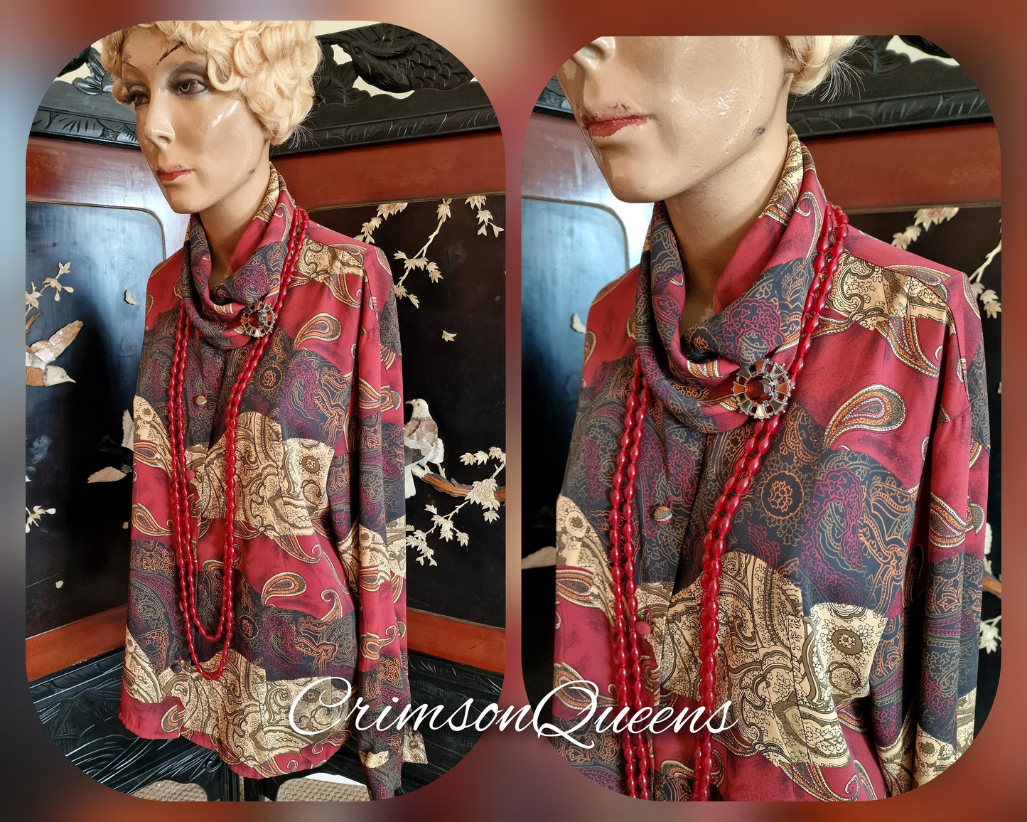 Vintage floral  Art Deco Downton Abbey oriental silk paisley  blouse Mrs Fisher 1920's flapper size UK 8 10 US 4 6