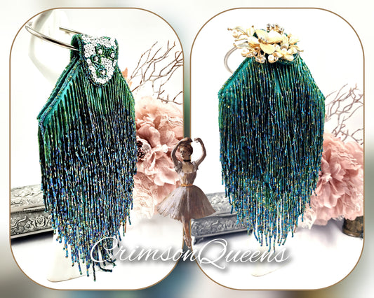 Flapper evening bag 1920s tasseled bag flapperbag vintage beaded bag peacock emerald green beaded tassel bag Art Deco evening bag purse