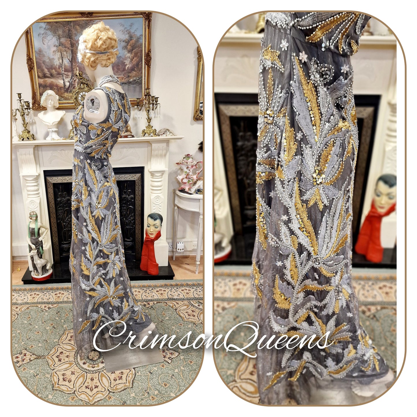 Downton Abbey dress vintage embellished beaded embroidered silver leaf feather statement gold dress  UK 4 6 US 0 2