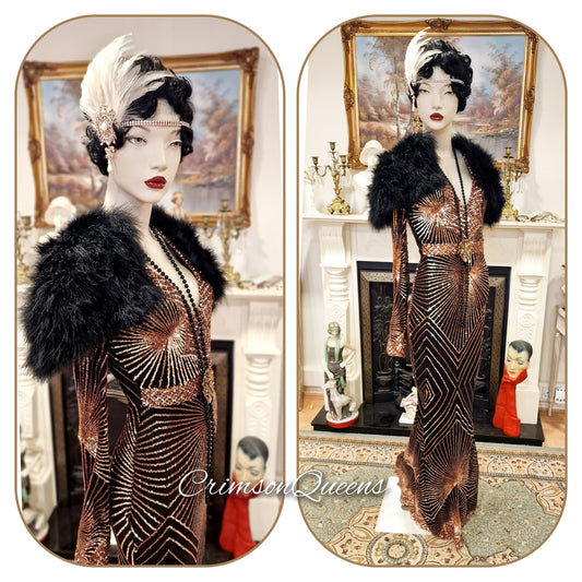 Marlene Dietrich Downwton Abbey Great Gatsby flapper shimmery gold black maxi floor length evening formal dress gown size UK 6 8 US 2 4