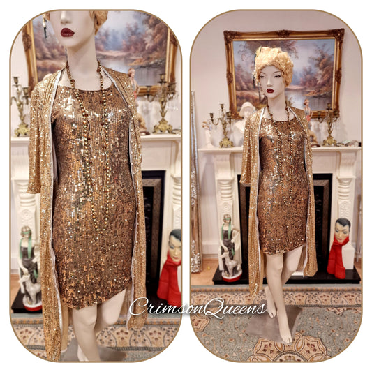 1920s vintage Downton Abbey flapper sequinned mesh gold sparkly bohemian coat kimono duster dress size S UK 8 US 2 4