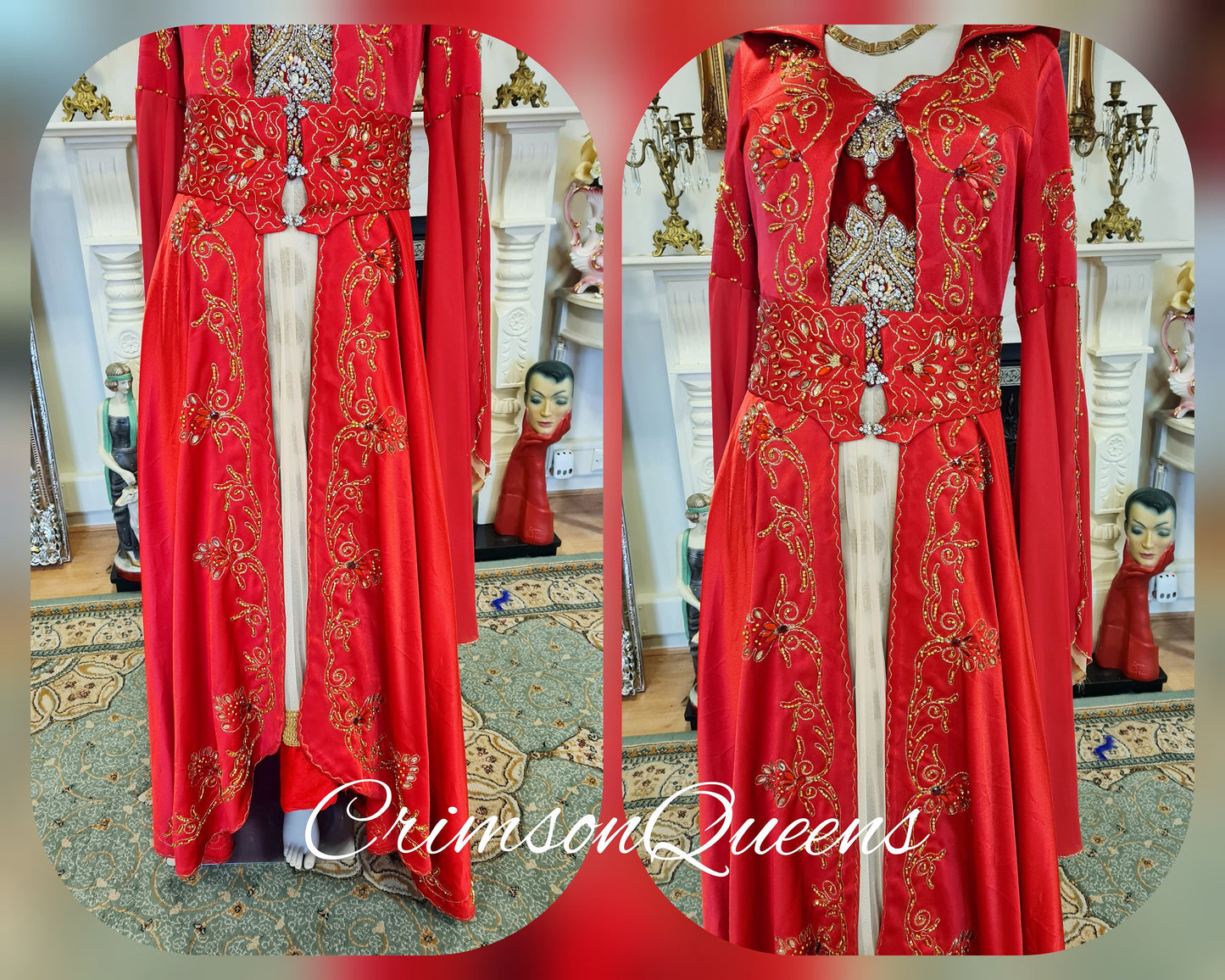 Bohemian romantic gypsy medieval  vintage scarlet red embellished beaded evening ballgown floor dress with matching long coat size UK 8 US 4