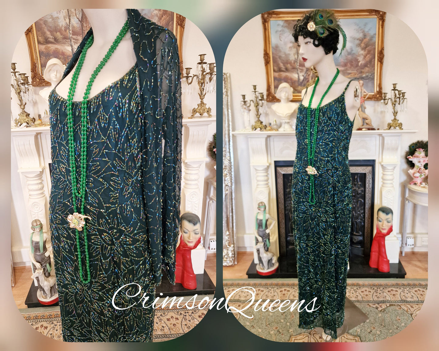 Art Deco all silk Downton Abbey flapper vintage beaded emerald green Marilyn Monroe evening style ensemble beaded shawl  UK 14 US 10