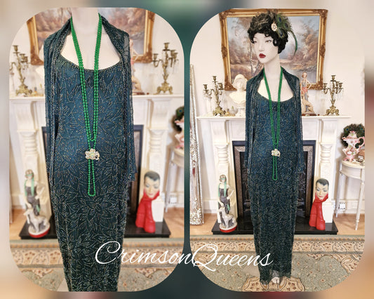 Art Deco all silk Downton Abbey flapper vintage beaded emerald green Marilyn Monroe evening style ensemble beaded shawl  UK 14 US 10