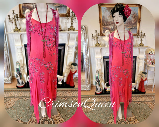 Art Deco Vintage pink romantic Downton Abbey  silk embroidered beaded floral sequinned cocktail evening net gown with coatsize UK 12 US 8