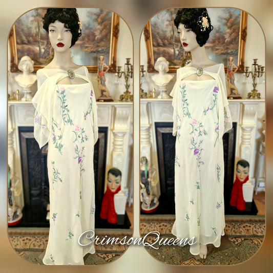 Vintage 1920s Titanic Downton Abbey Greeat Gatsby embroidered cream floral  wedding cocktail garden dress with elegant shawl UK 14 US 10