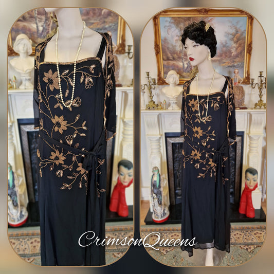 Extraordinary vintage embroidered BLACK evening sheer gold Downton Abbey stage Hollywood goddess gown size UK 16 US 10