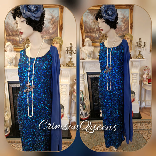 Art Deco silk vintage heavily sequinned  electric blue with peacock shades undertones evening festive dress with coat size uk 12 14 US 8 10