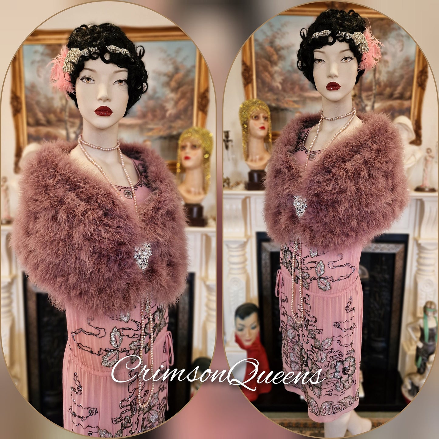 vintage flapper 1920s Downton Abbey vintage dusty pink cocktail evening marabou fur evening outwear cape wrap shawl