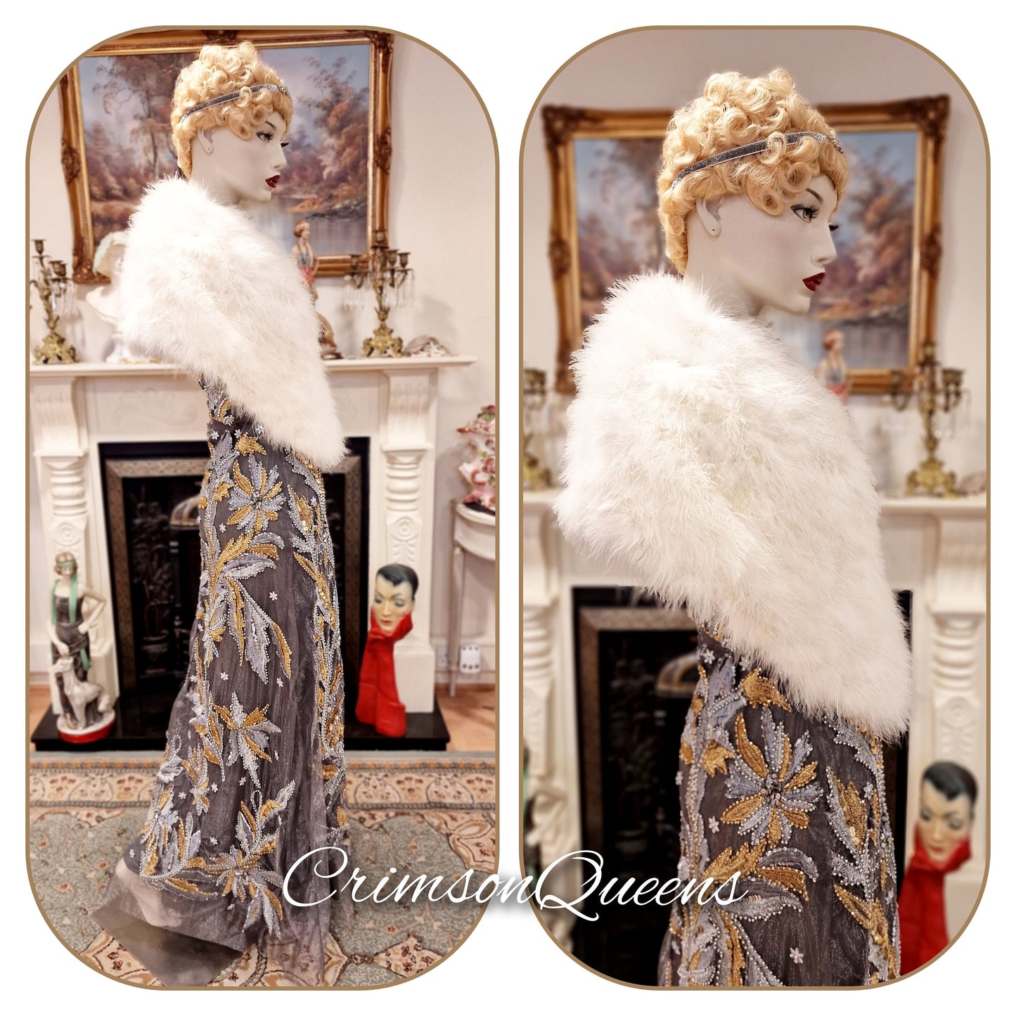 Downton Abbey dress vintage embellished beaded embroidered silver leaf feather statement gold dress  UK 4 6 US 0 2