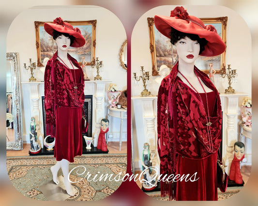 Art Deco romantic Downton Abbey vintage scarlet red velvet silk devore cocktail evening dress ensemble  6 elements size UK 12 US 8