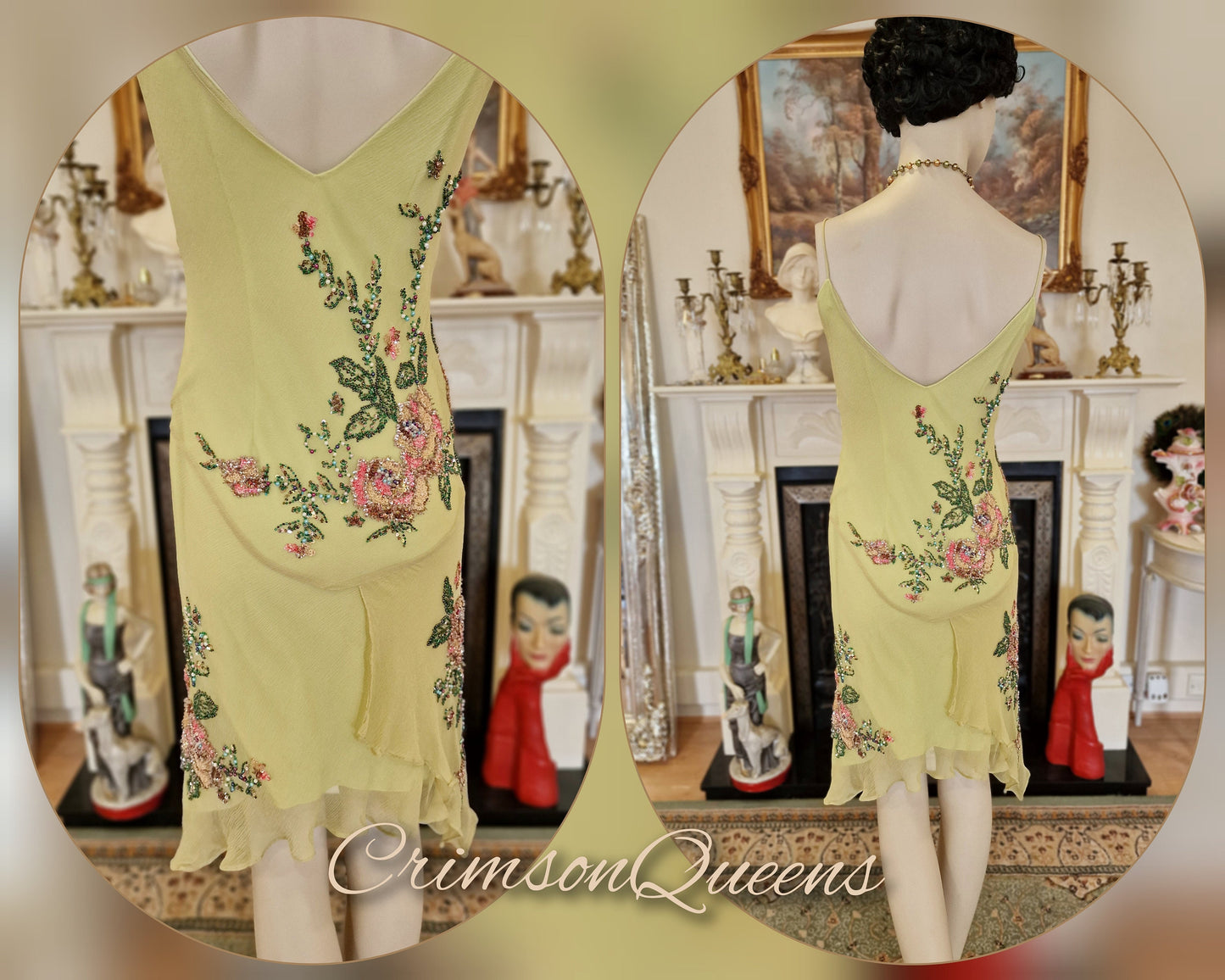 Great Gatsby Flapper dress 1930s dress 1920s dress Silk Vintage Embroidered Floral Gown Downton Abbey cocktail Garden dress Size UK 12 US 6