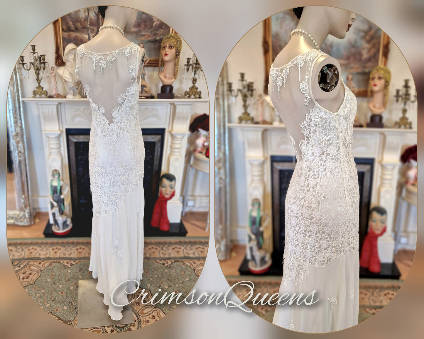 Art Deco vintage 1920s Downton Abbey bride off-white wedding bridal dress beaded flapper 100% silk Great Gatsby size UK 8 10 US 4 6