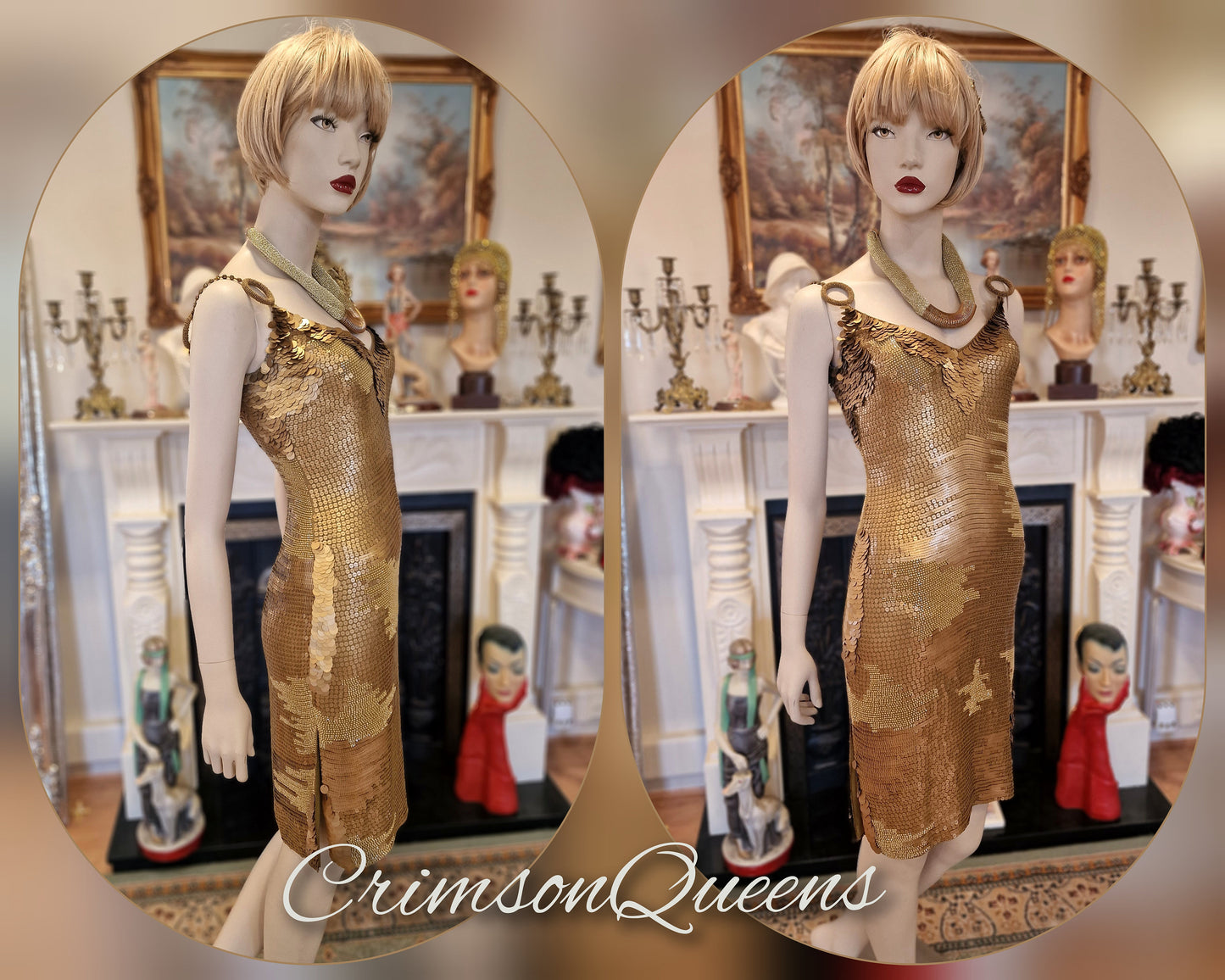 Vintage Flapper gold dress, Downton Abbey 1920s dress, Great Gatsby  sparkly  heavily sequinned shell flapper dress UK 6 US 2