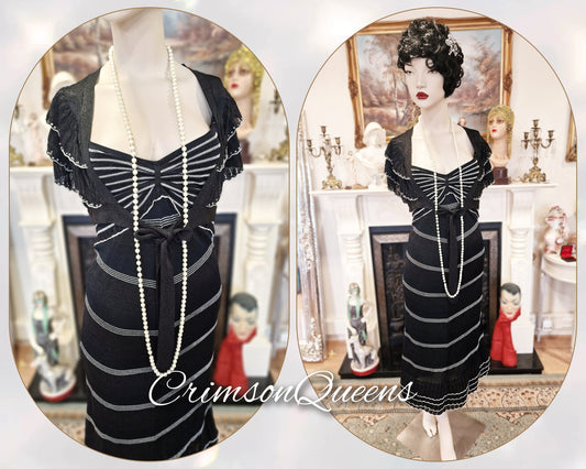 Art Deco Great Gatsby flapper navy blue nautical  silver 1920's vintage flapper day dress  size UK 8 10 US 4 6