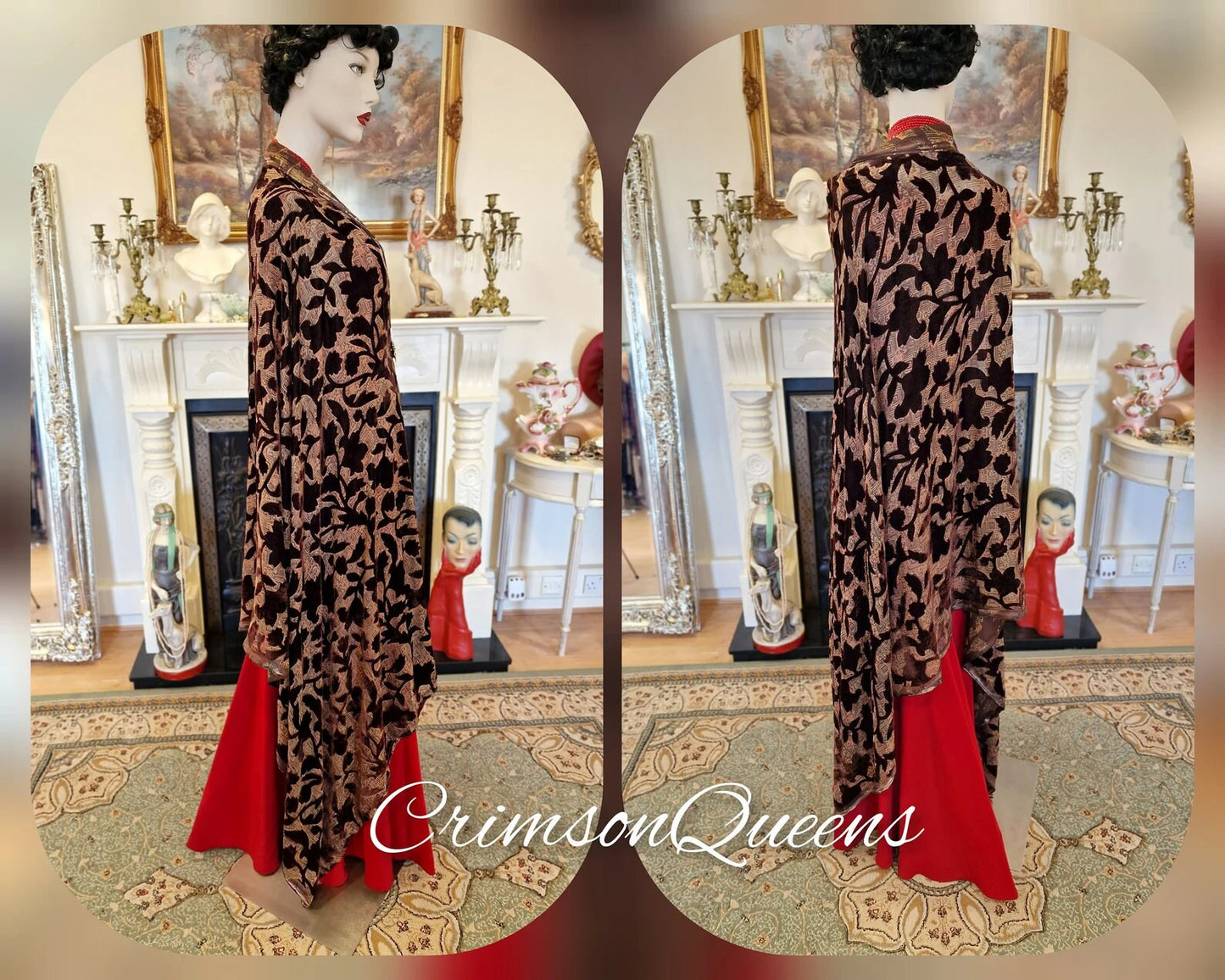 Vintage burgundy black oriental Art Deco silk devore damaks  statement duster 1920s piano flapper wrap shawl