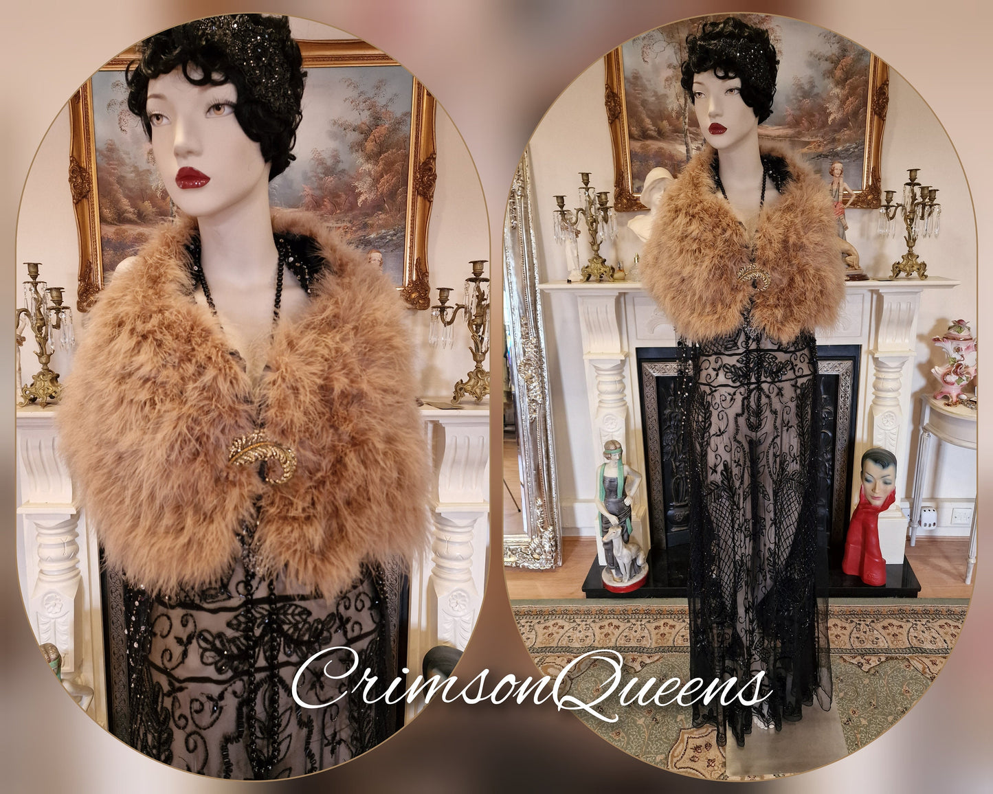 Vintage Downton Abbey Great Gatsby black beaded sheer mesh dress 1920s flapper ensemble with Art Deco lace duster size UK 10 12 US 6 8