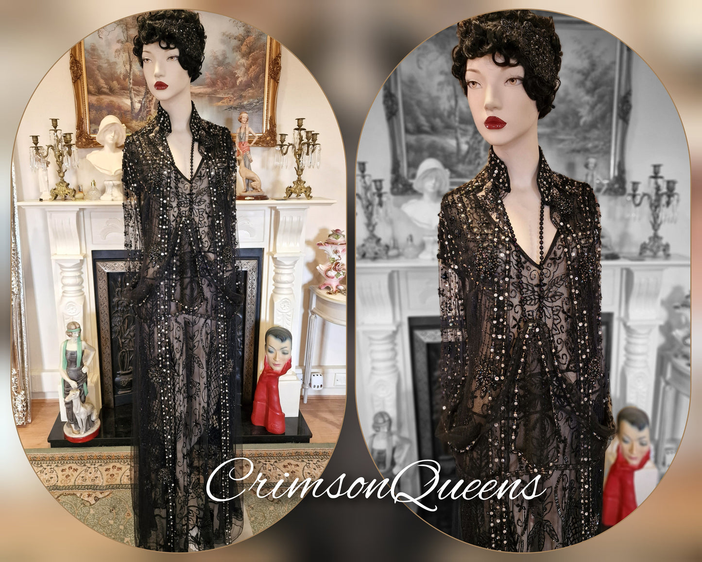 Vintage Downton Abbey Great Gatsby black beaded sheer mesh dress 1920s flapper ensemble with Art Deco lace duster size UK 10 12 US 6 8