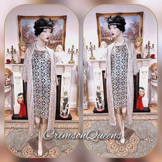 1920s vintage Downton Abbey flapper sequinned mesh silver sparkly bohemian coat kimono duster dress size S UK 8  US 4