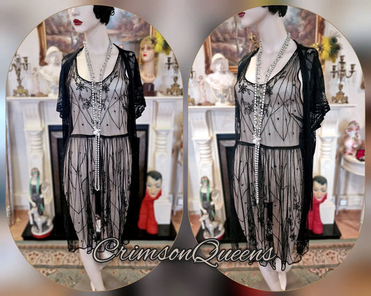 Vintage Downton Abbey Great Gatsby black beaded sheer mesh dress 1920s flapper ensemble with Art Deco lace duster size UK 10 12 US 6 8