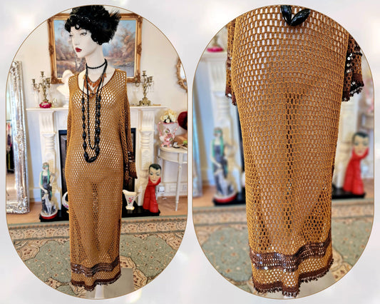 Vintage Golden bronze flapper Great GAtsby 1920s crochet Downton bohemian gypsy chic retro emmbellished  1920s dress size UK 10 US 6