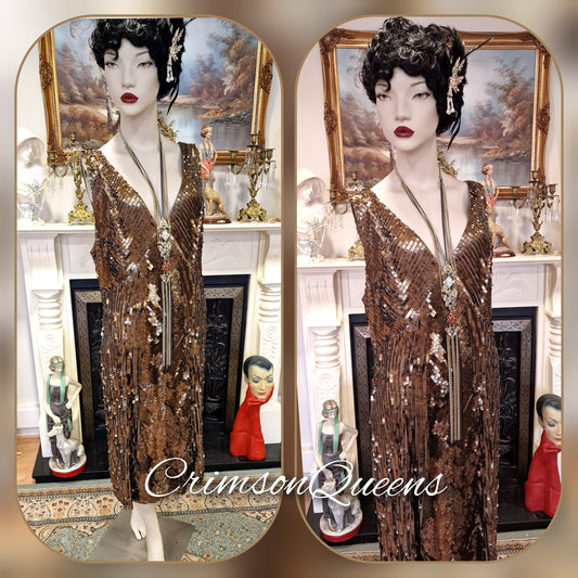 Vintage Flapper gold dress, Downton Abbey 1920s dress, Great Gatsby  sparkly ombre heavily sequinned shell flapper dress UK 16  US 12