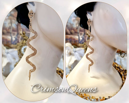 Large Gold vintage rhinestone crystal Bohemian gold 20's flapper Art Deco Statment snake drop earrings