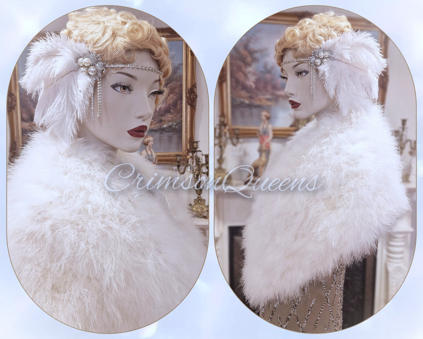 Beautiful Art Deco 1920's wedding bridal  white real ostrich fur wrap