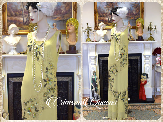 Vintage tea green statement dress flapper evening Downton Abbey 1920s cocktail garden party maxi dress UK 12  US 8