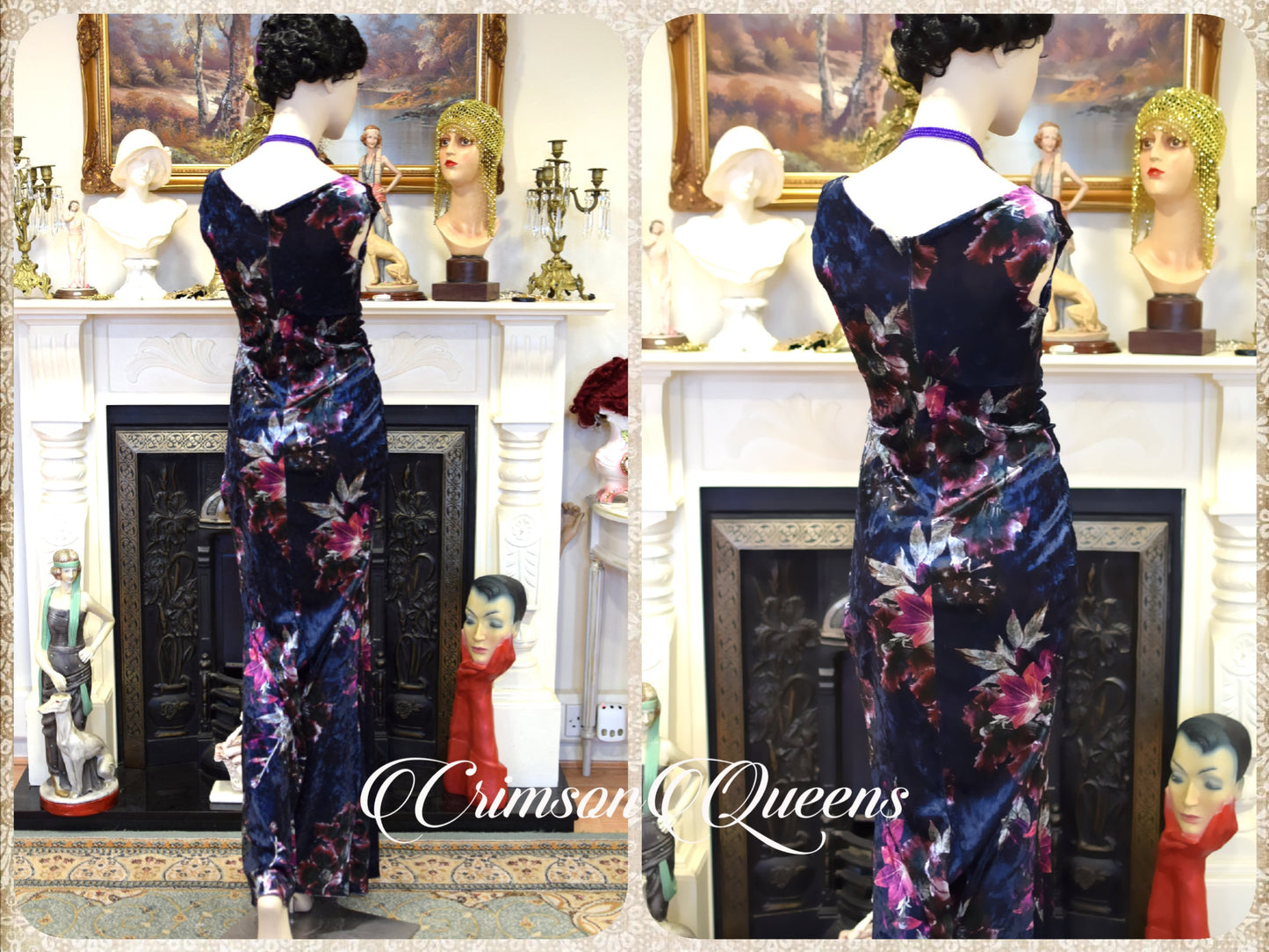 Vintage Art Deco Downton Abbey vintage red purple velvet romantic floral cocktail garden dress evening gown Size UK 8 US 4