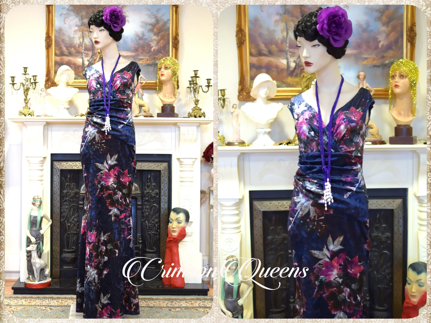 Vintage Art Deco Downton Abbey vintage red purple velvet romantic floral cocktail garden dress evening gown Size UK 8 US 4