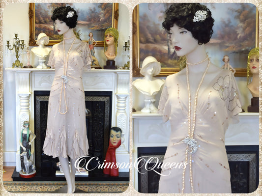 Vintage 1920s 1930s silk semi-sheer summer gold Beige flapper Great GAtsby Downton Abbey dress  UK 12 US 8