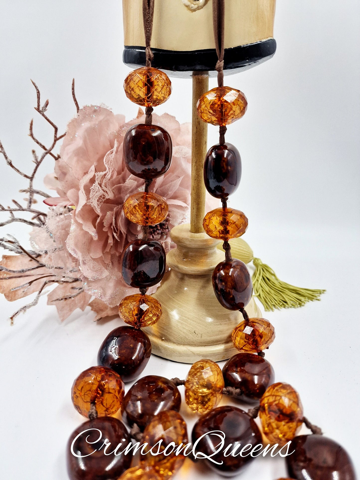 Amber beads and chesnut enamel gypsy flapper 1920s bohemian style necklace