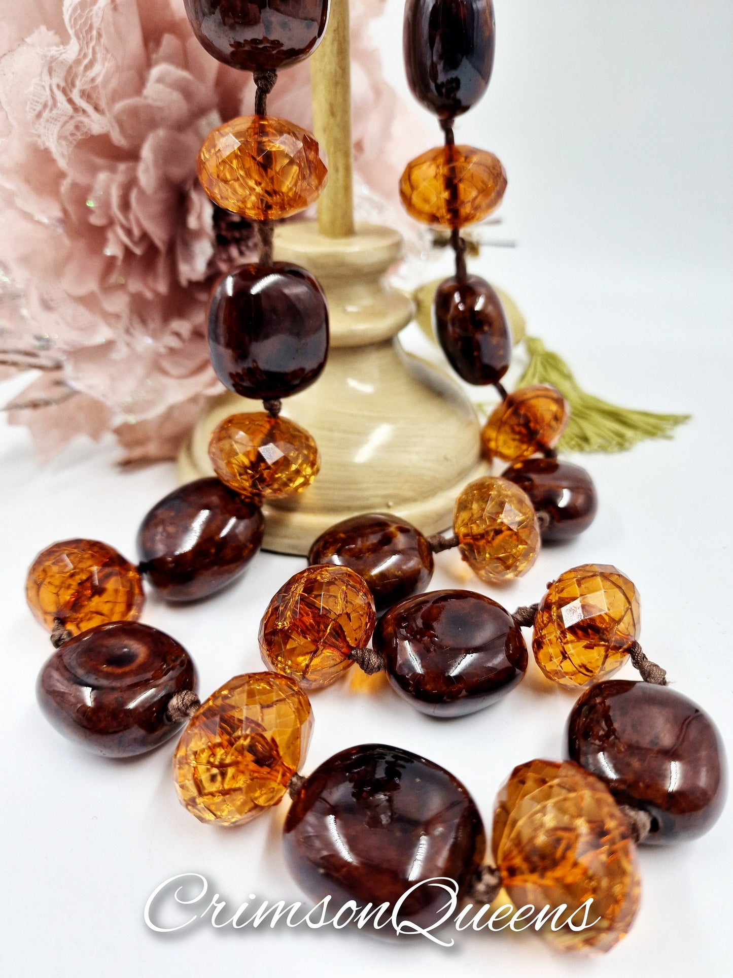 Amber beads and chesnut enamel gypsy flapper 1920s bohemian style necklace