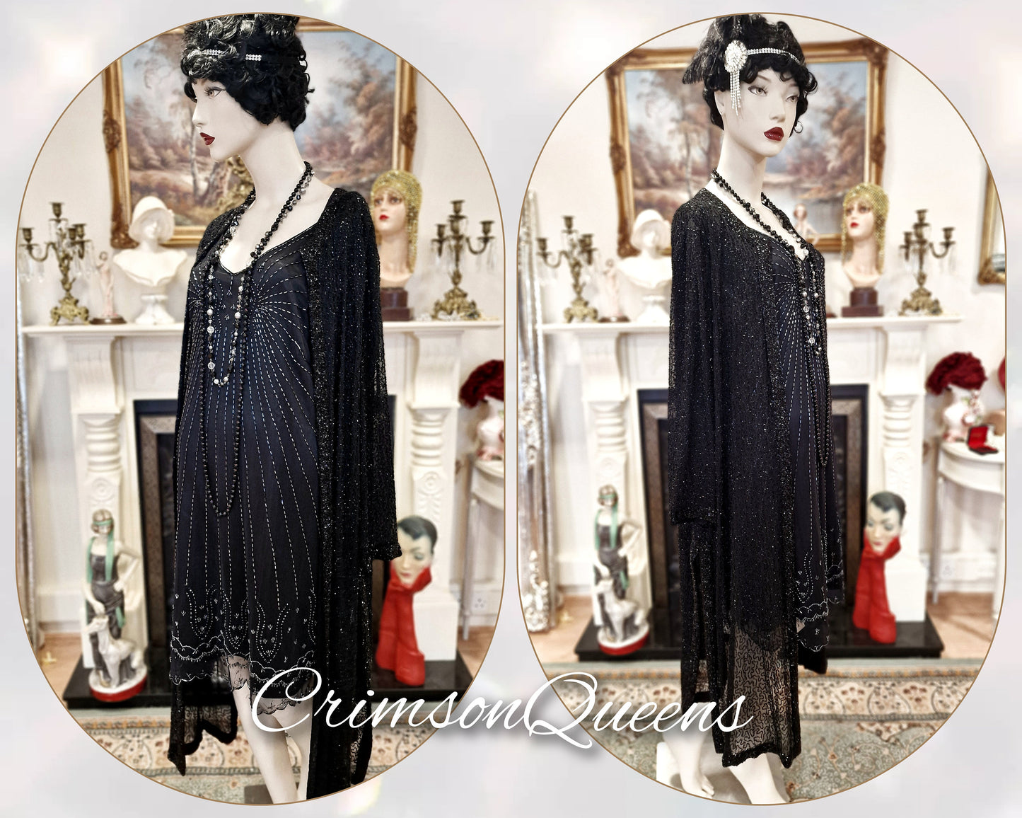 Vintage Downton Abbey Great Gatsby black beaded mesh dress 1920s flapper ensemble with Art Deco Hobb's beaded duster size UK 16 US 12