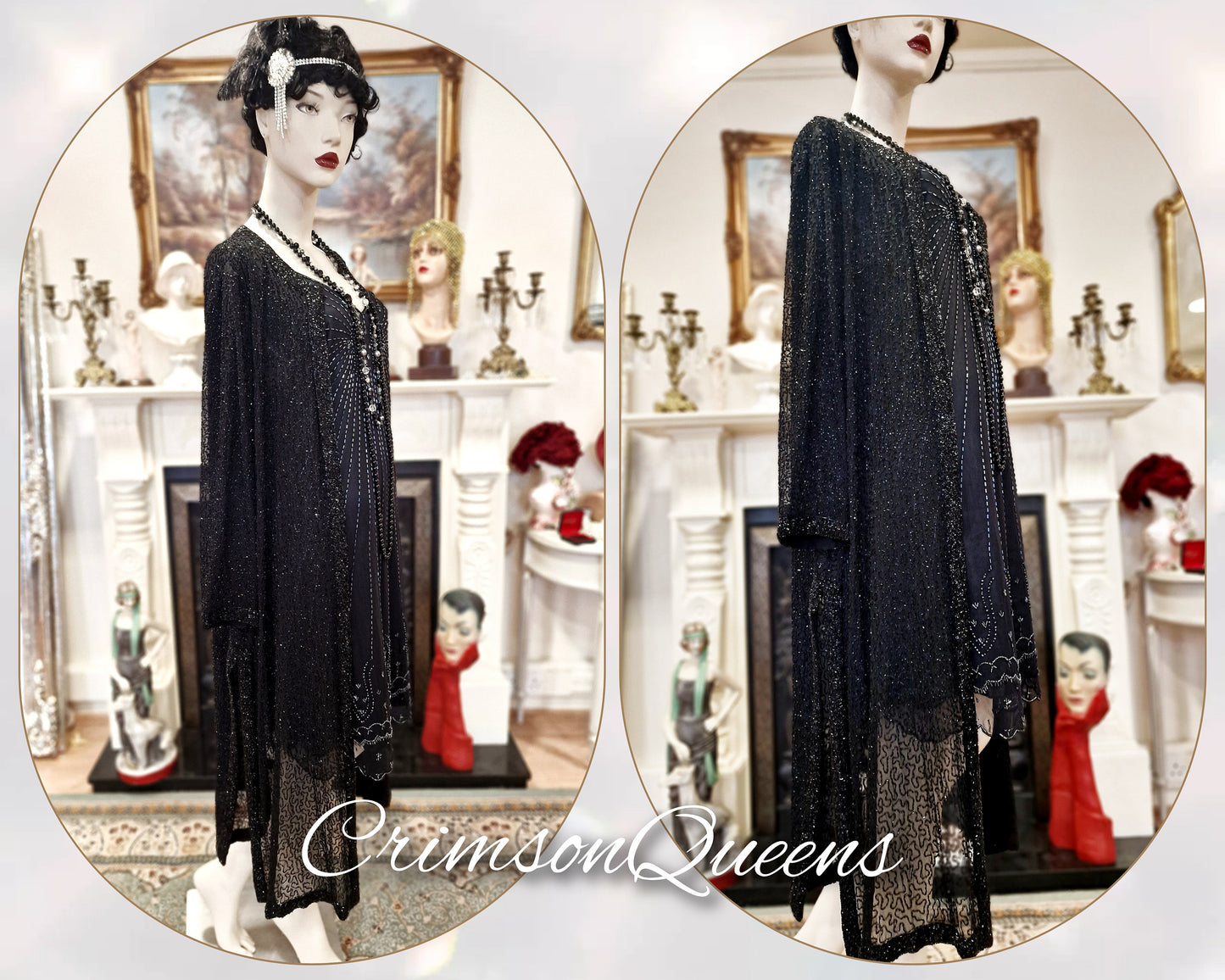 Vintage Downton Abbey Great Gatsby black beaded mesh dress 1920s flapper ensemble with Art Deco Hobb's beaded duster size UK 16 US 12