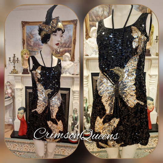 Vintage Madame Papillon butterfly  Downton Abbey dress 1920s Great Gatsby dress  black gold heavily sequined  flapper dress UK 8 10 US 4 6