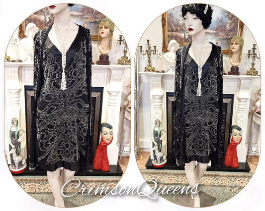 Vintage Downton Abbey Great Gatsby black beaded silk dress 1920s flapper ensemble with Art Deco beaded duster size UK 10 12 US 6 8