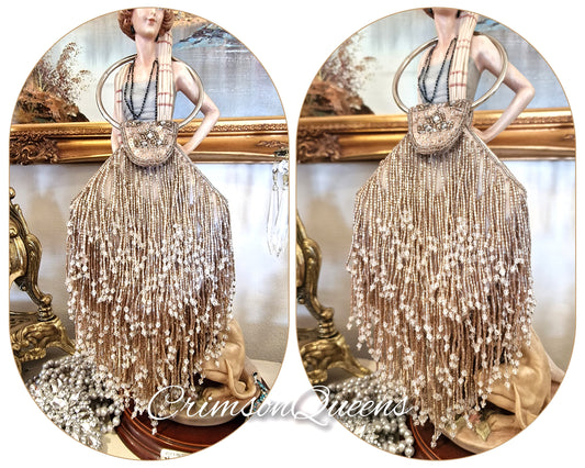 1920s tasseled bag flapper beaded wedding bag vintage beaded bag gold beaded sequinned bag Art Deco evening bag purse