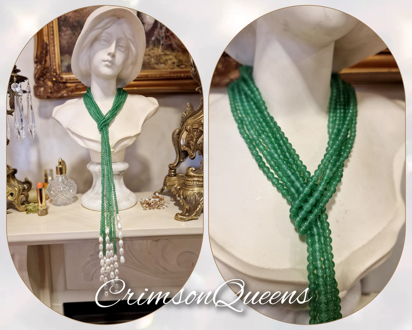 Rare Striking Art Deco 1920s Natural Freshwater Striking Green String Of Pearls flapper necklace