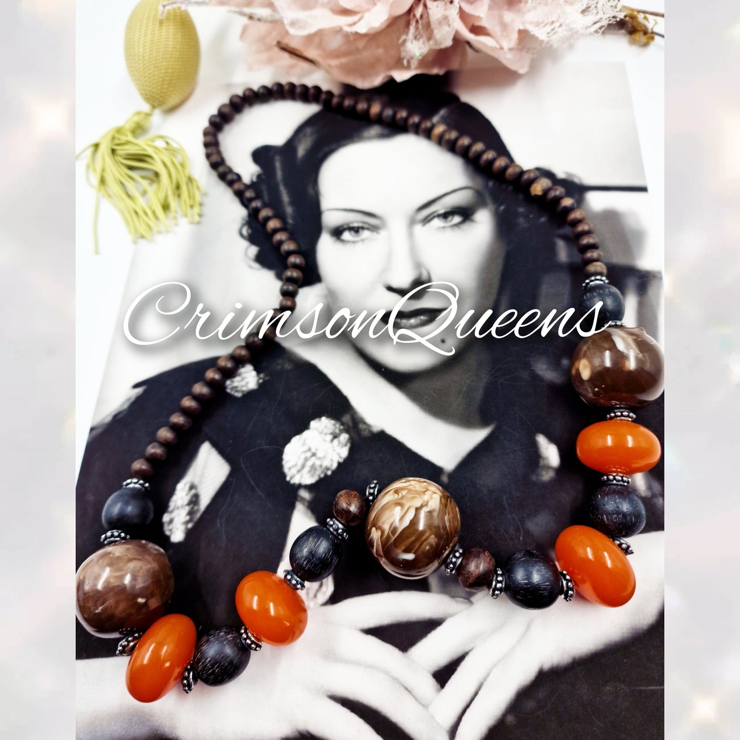 Art Deco wooden balls beads and bakelite posished beads bohemian gypsy oversized necklace and chunky statement heavy retro necklace