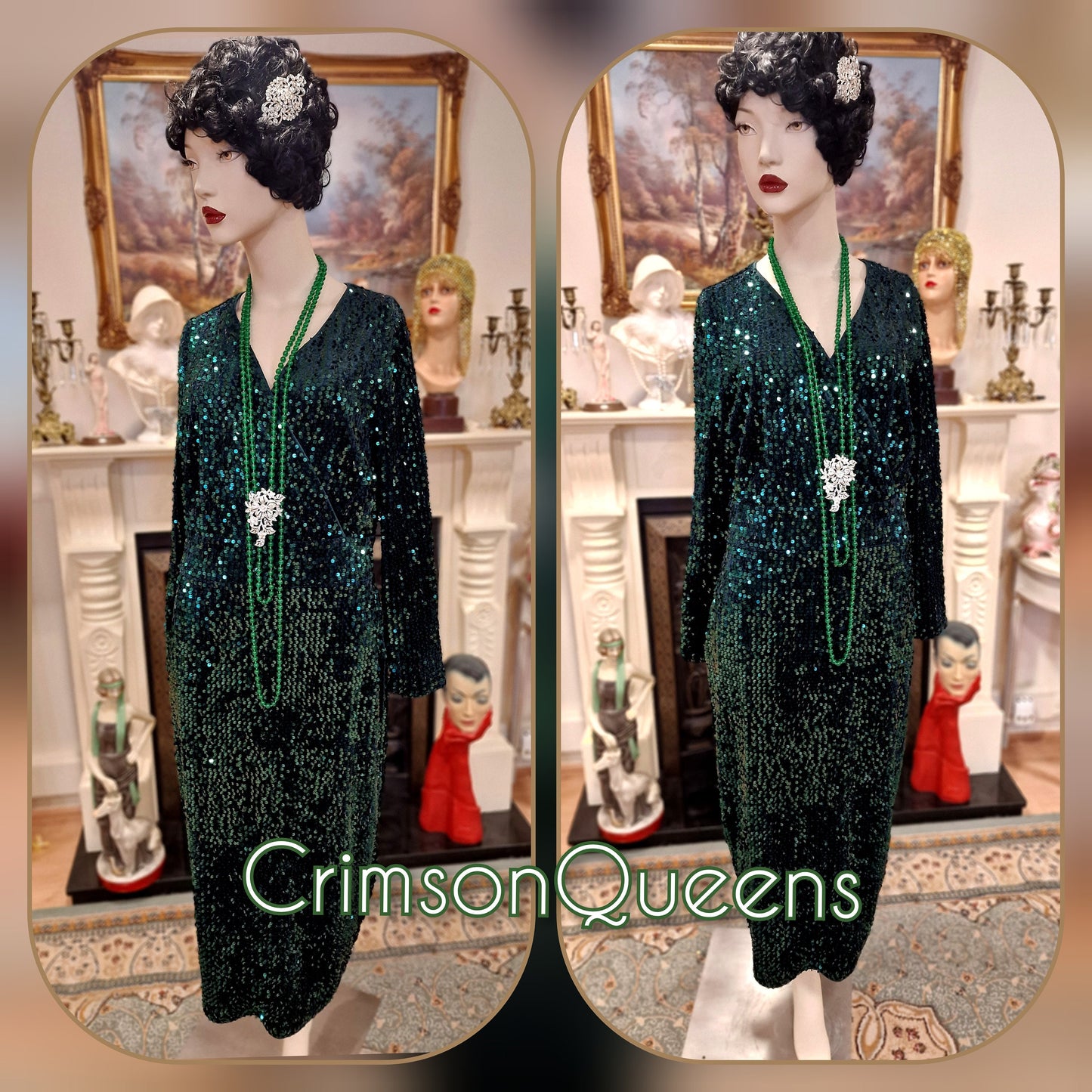 Vintage Bottle Green flapper Downton Abbey embellish bead 1920s sequinned charleston dress UK  size 14US 10