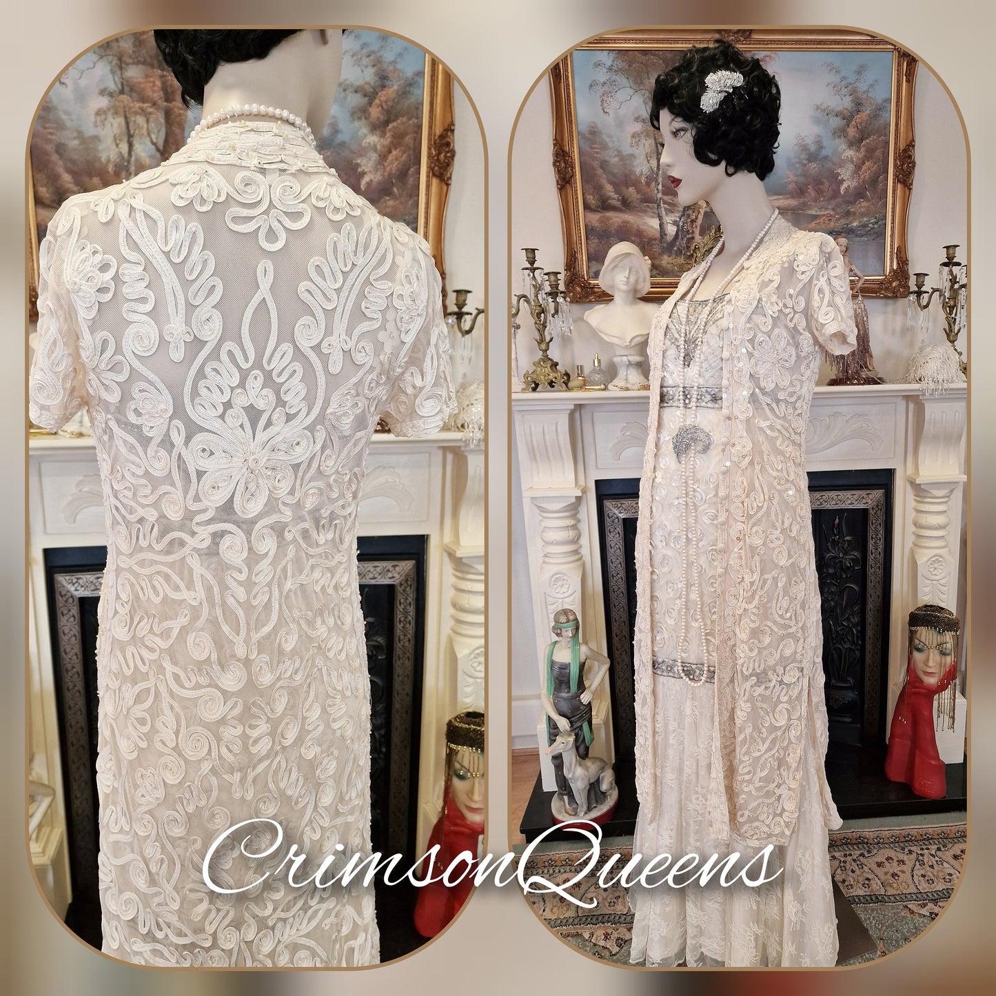 Art Deco vintage 1920s bride cream Sue Wong wedding bridal all silk dress 1930s Great Gatsby charleston size UK 8  US 4