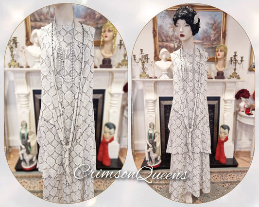 Vintage maxi ethereal silk Downton Abbey Great Gatsby layered ensemble dress with overlay and matching top size UK 12 US 8