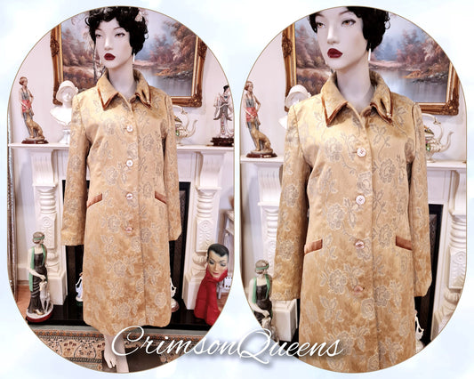 Vintage Art Deco Avant Garde Floral Embossed oriental gold Japanese Asian motifs white cherry blossom coat long Jacket size UK 10  US 6