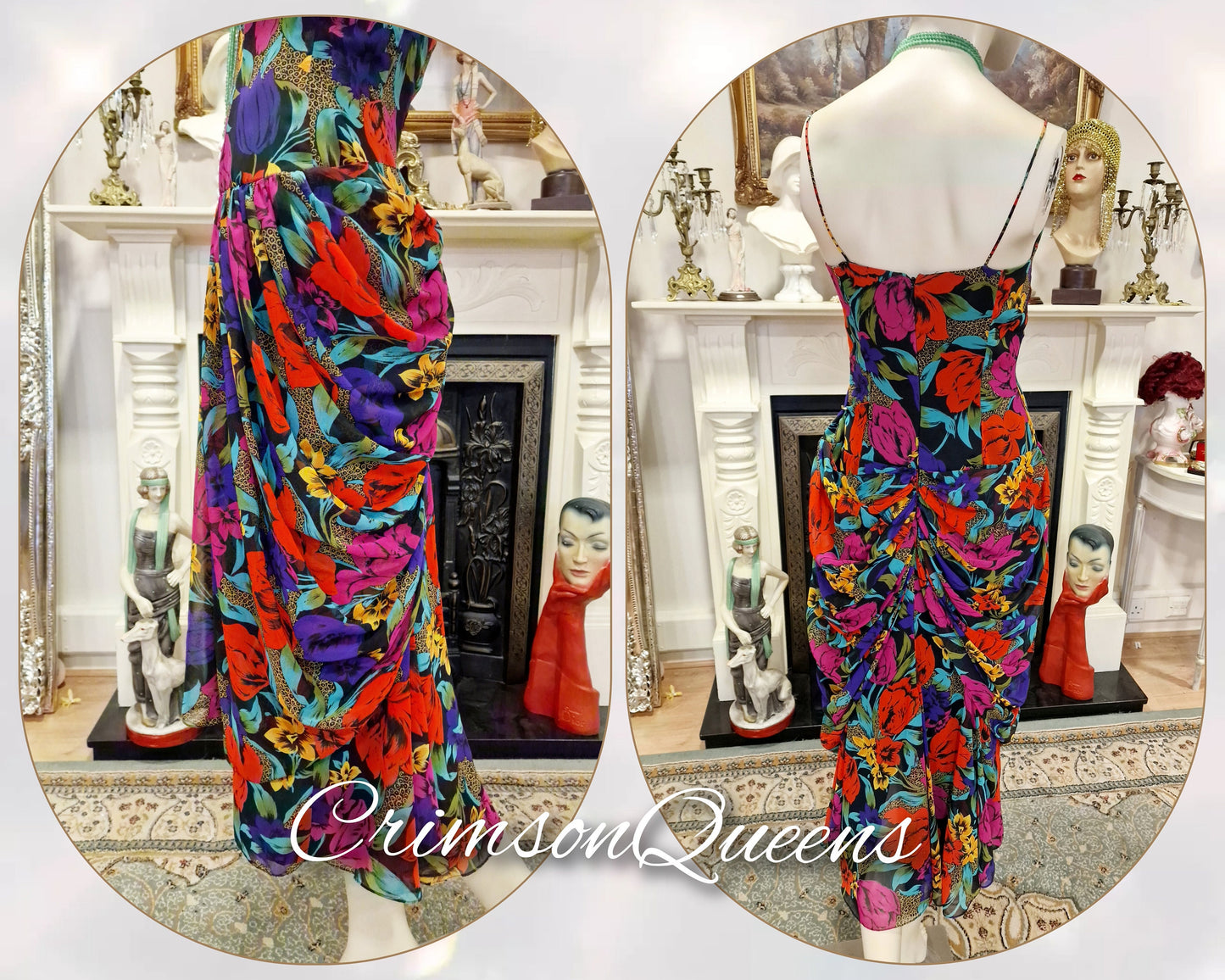 Multicoloured 1920s 1930s  Downton Abbey romantic chiffon ruffled garden party cocktail floral dress with matching shawl size UK 12 US 8