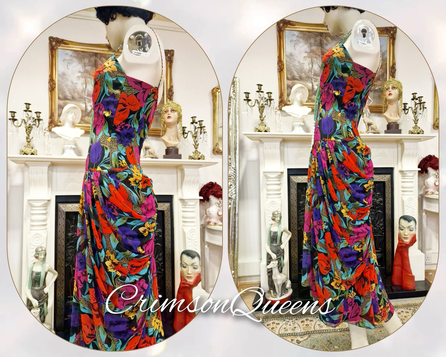 Multicoloured 1920s 1930s  Downton Abbey romantic chiffon ruffled garden party cocktail floral dress with matching shawl size UK 12 US 8