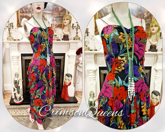 Multicoloured 1920s 1930s  Downton Abbey romantic chiffon ruffled garden party cocktail floral dress with matching shawl size UK 12 US 8